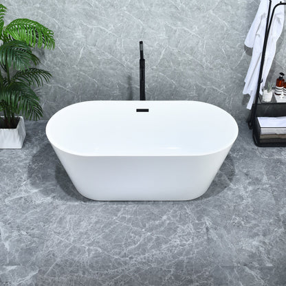 Kaprun 59" x 30" Flatbottom Freestanding Acrylic Soaking Bathtub in Glossy White with Drain and Overflow