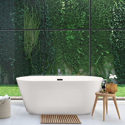 Kaprun 59" x 30" Flatbottom Freestanding Acrylic Soaking Bathtub in Glossy White with Drain and Overflow