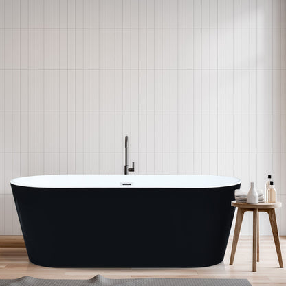Kaprun 63" x 30" Flatbottom Freestanding Acrylic Soaking Bathtub in Glossy Black with Drain and Overflow