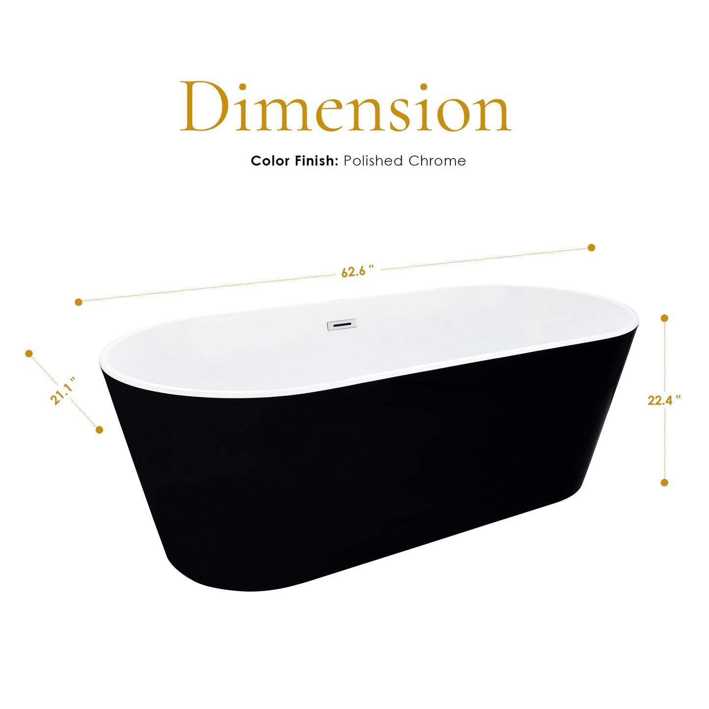 Kaprun 63" x 30" Flatbottom Freestanding Acrylic Soaking Bathtub in Glossy Black with Drain and Overflow