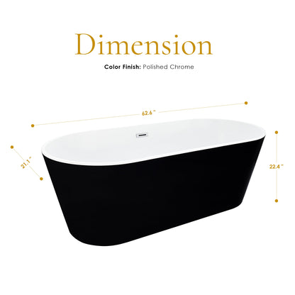 Kaprun 63" x 30" Flatbottom Freestanding Acrylic Soaking Bathtub in Glossy Black with Drain and Overflow