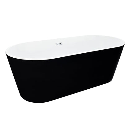 Kaprun 63" x 30" Flatbottom Freestanding Acrylic Soaking Bathtub in Glossy Black with Drain and Overflow