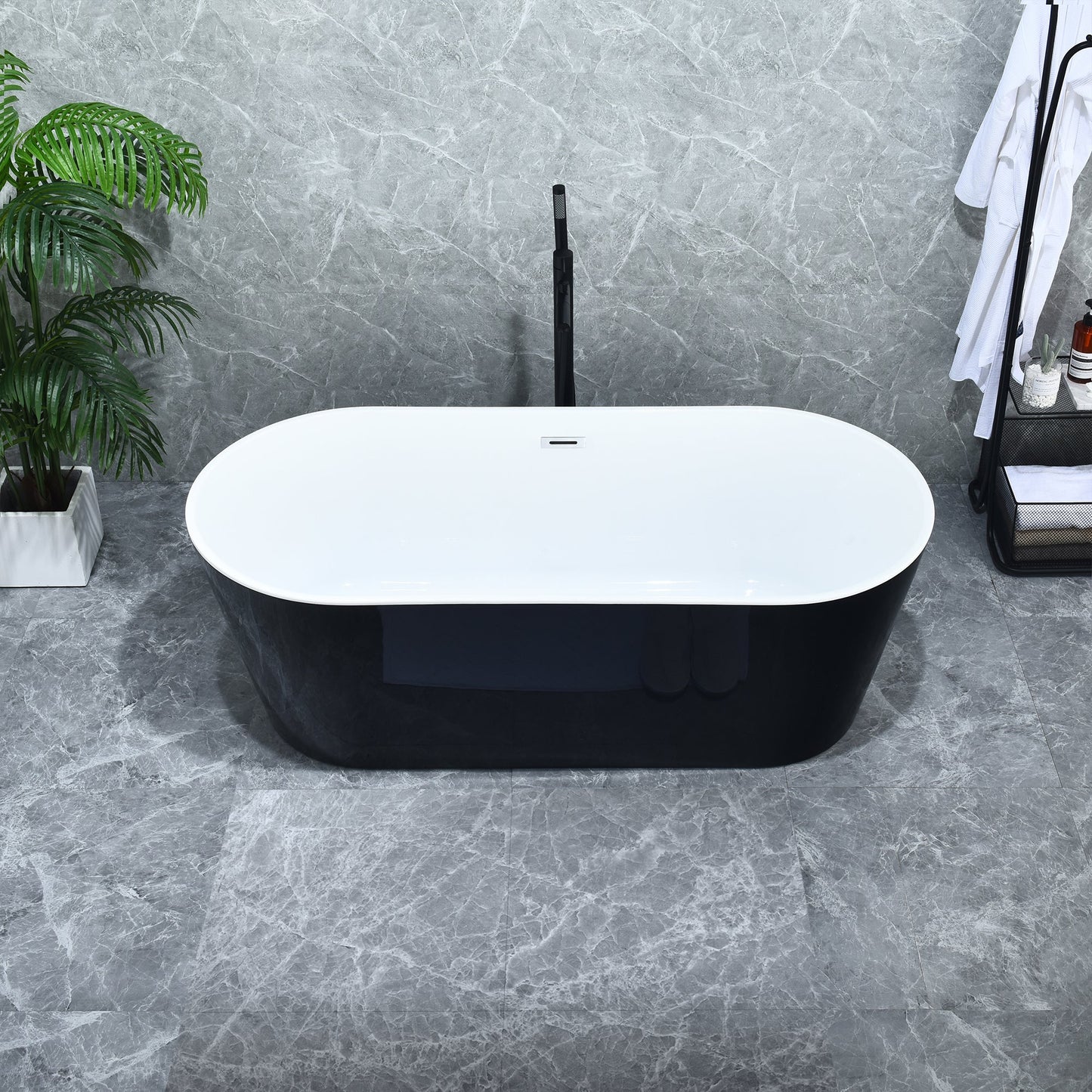Kaprun 63" x 30" Flatbottom Freestanding Acrylic Soaking Bathtub in Glossy Black with Drain and Overflow
