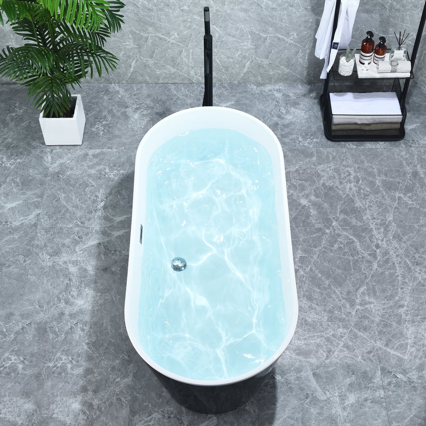 Kaprun 63" x 30" Flatbottom Freestanding Acrylic Soaking Bathtub in Glossy Black with Drain and Overflow