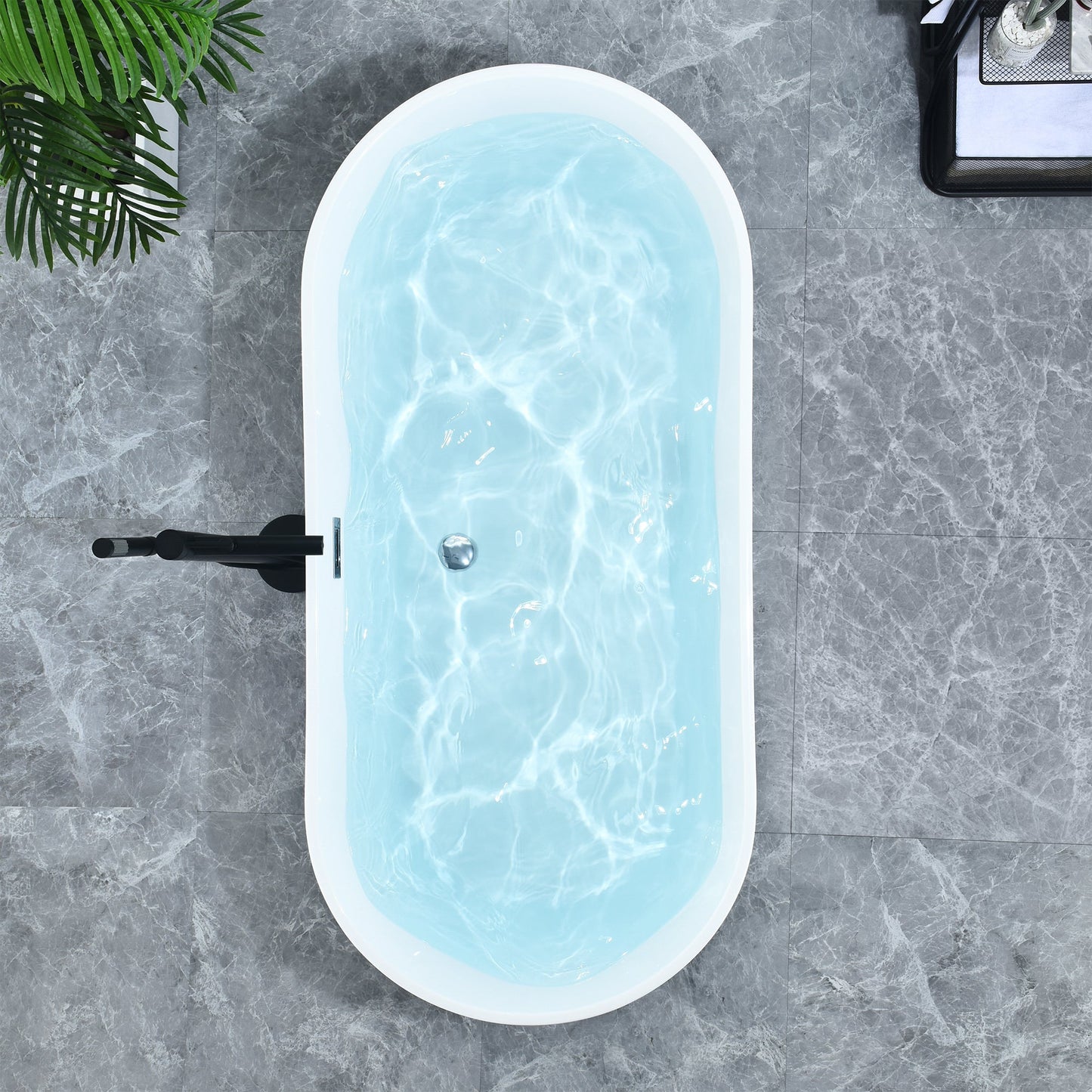 Kaprun 63" x 30" Flatbottom Freestanding Acrylic Soaking Bathtub in Glossy Black with Drain and Overflow