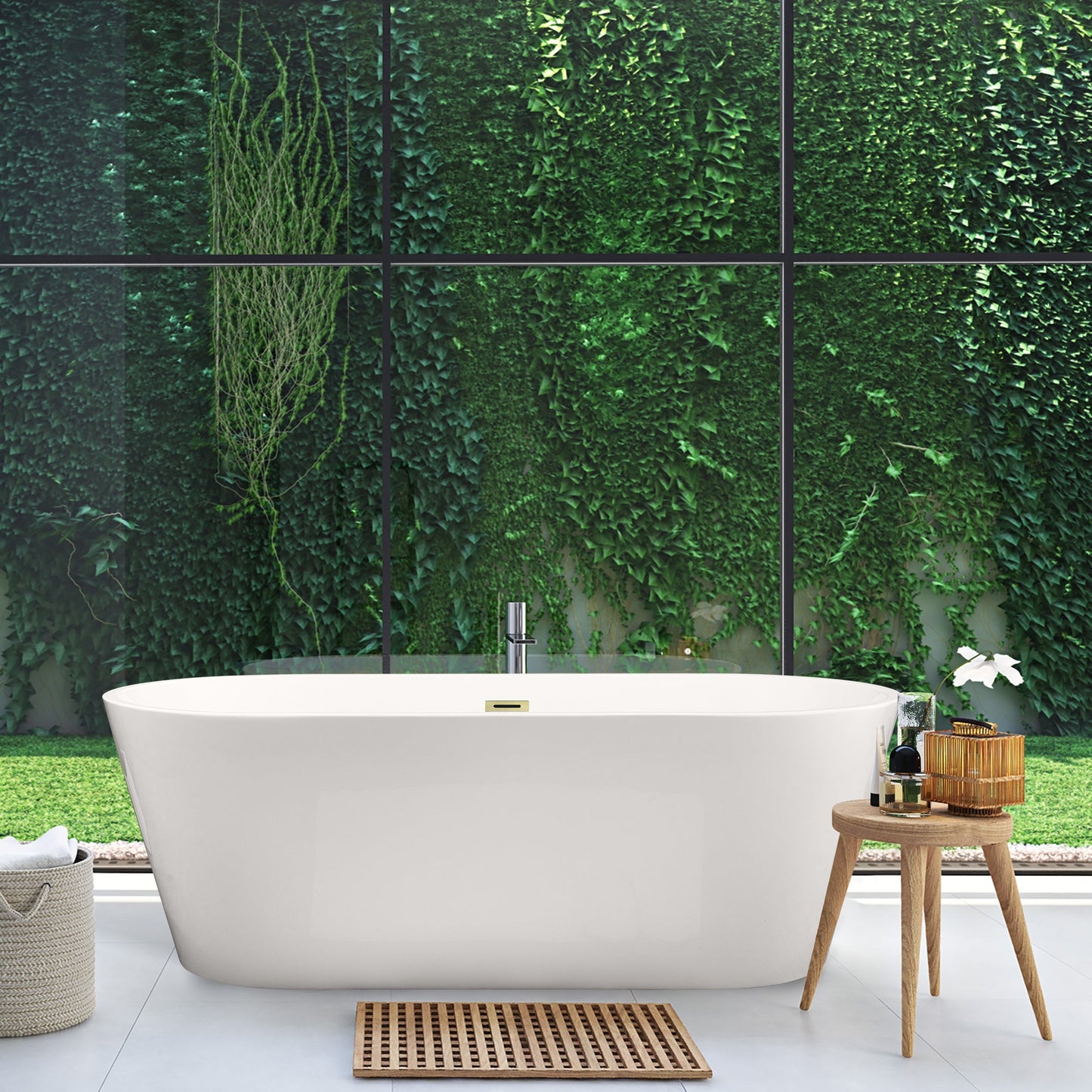 Kaprun 67" x 32" Flatbottom Freestanding Acrylic Soaking Bathtub in Glossy White with Drain and Overflow