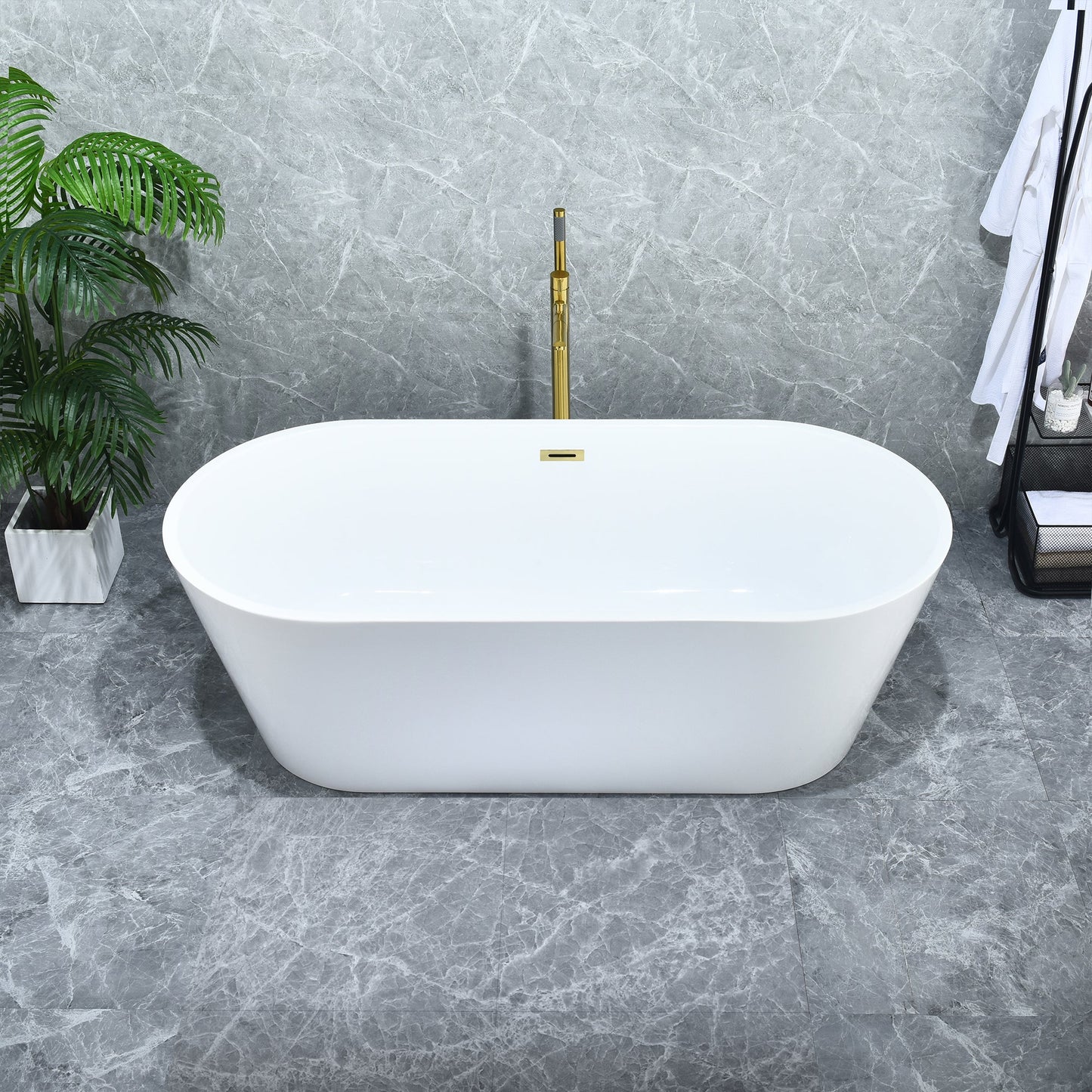 Kaprun 67" x 32" Flatbottom Freestanding Acrylic Soaking Bathtub in Glossy White with Drain and Overflow