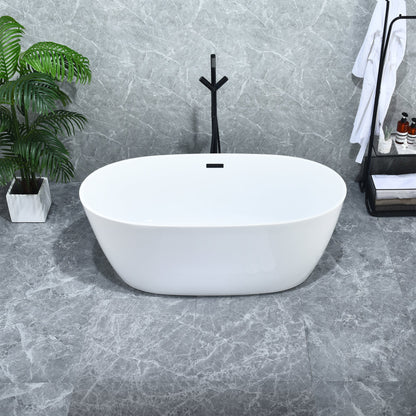 Rauris 59" x 28" Flatbottom Freestanding Acrylic Soaking Bathtub in Glossy White with Drain and Overflow