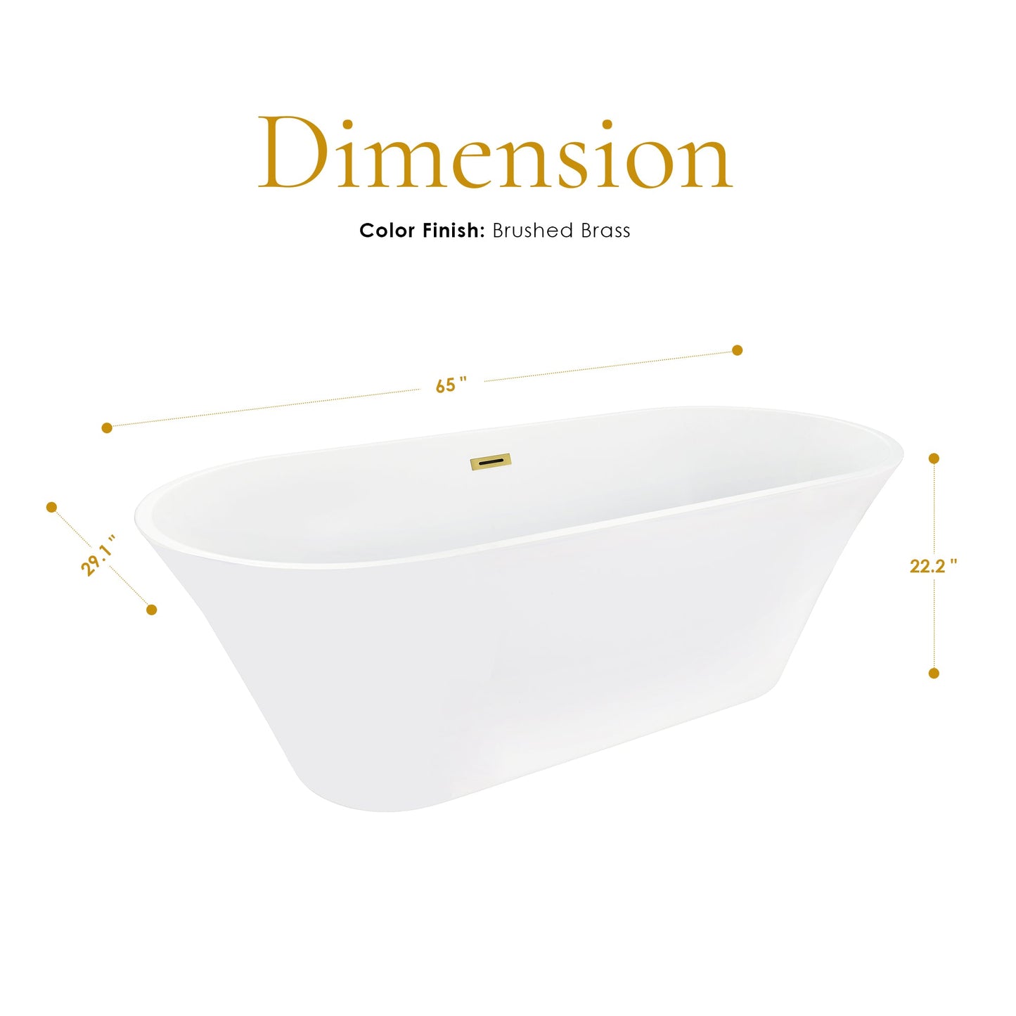 Blarn 65" x 29" Flatbottom Freestanding Acrylic Soaking Bathtub in Glossy White with Drain and Overflow