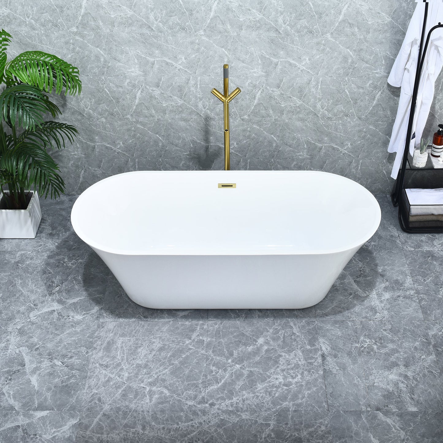 Blarn 65" x 29" Flatbottom Freestanding Acrylic Soaking Bathtub in Glossy White with Drain and Overflow