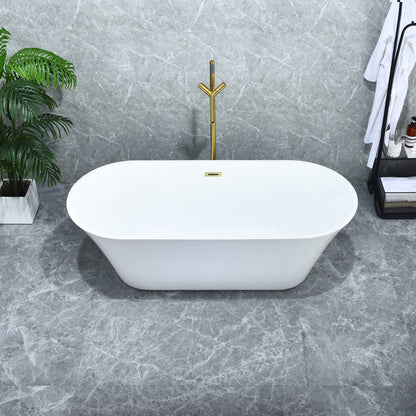 Blarn 65" x 29" Flatbottom Freestanding Acrylic Soaking Bathtub in Glossy White with Drain and Overflow
