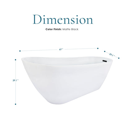 Ipure 67" x 29" Flatbottom Freestanding Acrylic Soaking Bathtub in Glossy White with Drain and Overflow