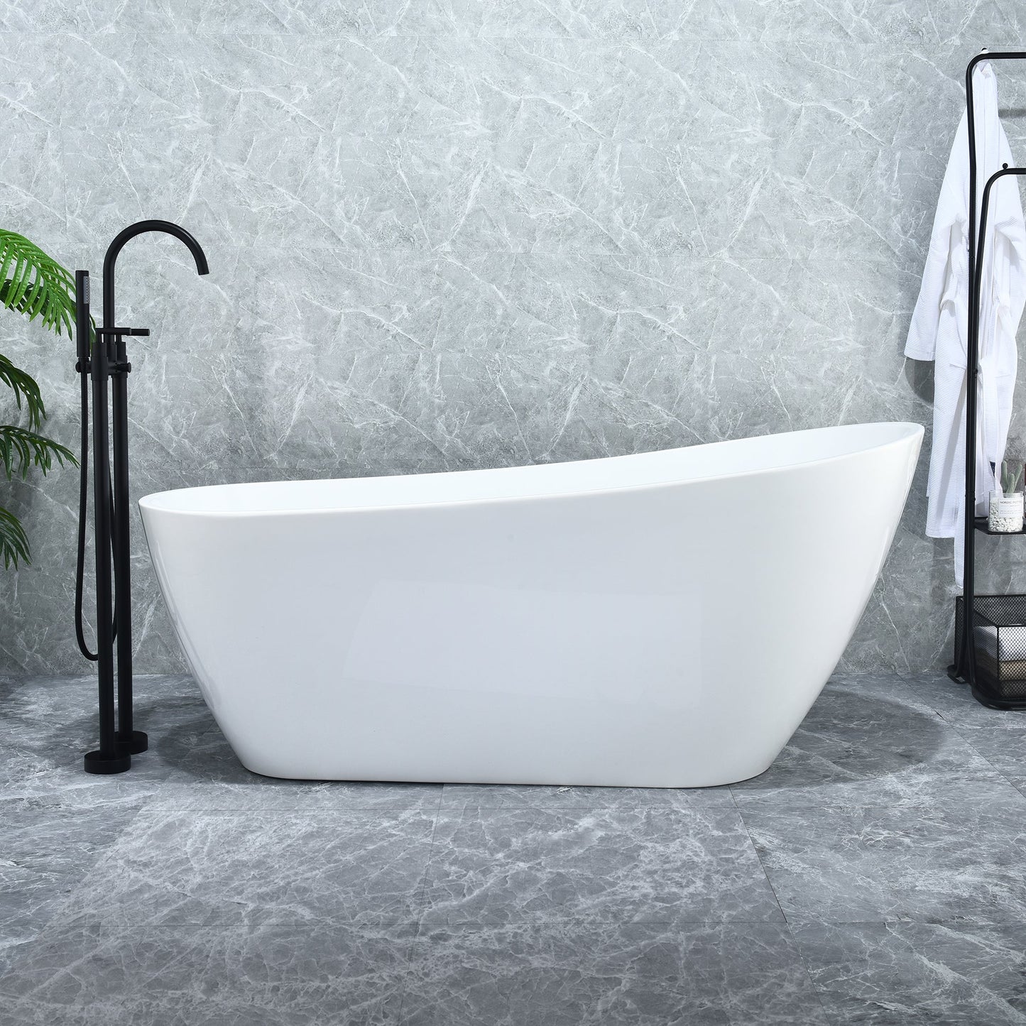 Ipure 67" x 29" Flatbottom Freestanding Acrylic Soaking Bathtub in Glossy White with Drain and Overflow