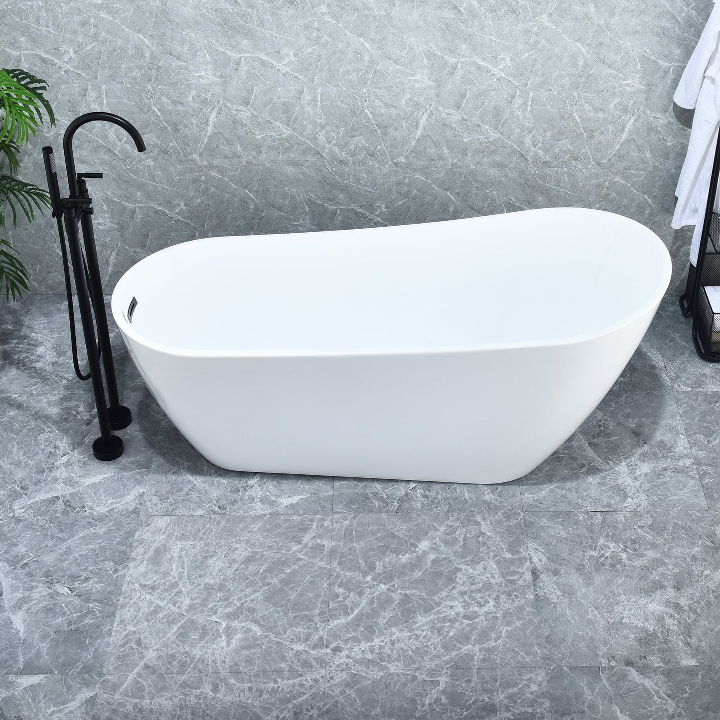 Ipure 67" x 29" Flatbottom Freestanding Acrylic Soaking Bathtub in Glossy White with Drain and Overflow