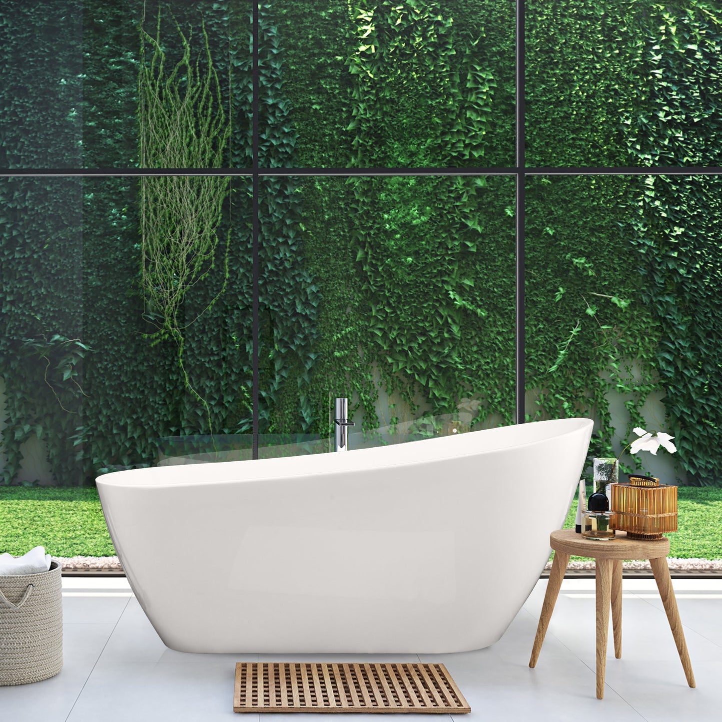 Ipure 67" x 29" Flatbottom Freestanding Acrylic Soaking Bathtub in Glossy White with Drain and Overflow