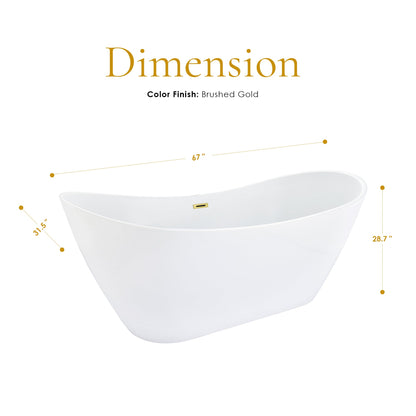Vansza 67" x 32" Flatbottom Freestanding Acrylic Soaking Bathtub in Glossy White with Drain and Overflow