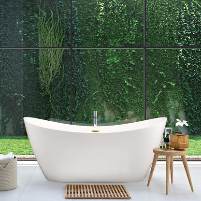 Vansza 67" x 32" Flatbottom Freestanding Acrylic Soaking Bathtub in Glossy White with Drain and Overflow