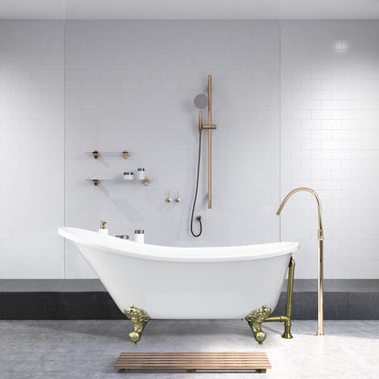 Fandi 64" x 28" Acrylic Clawfoot Soaking Bathtub in Glossy White with Brushed Brass Drain and Overflow