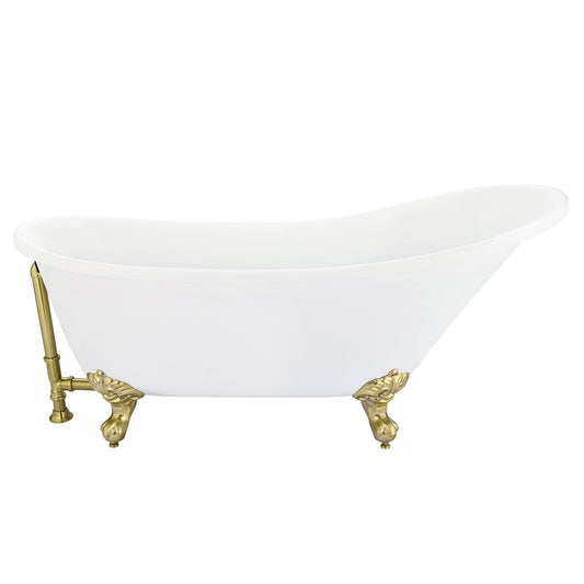 Fandi 64" x 28" Acrylic Clawfoot Soaking Bathtub in Glossy White with Brushed Brass Drain and Overflow