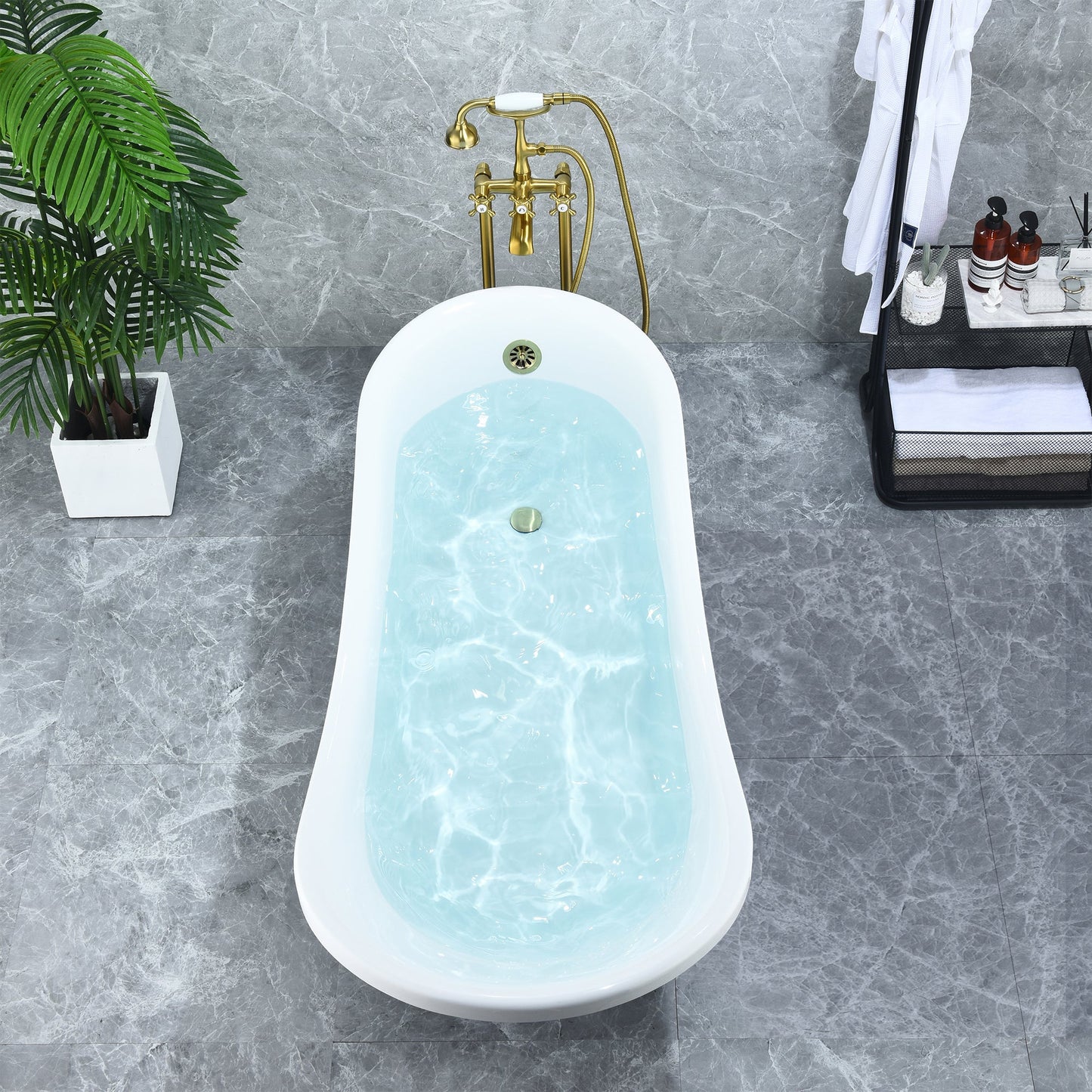 Fandi 64" x 28" Acrylic Clawfoot Soaking Bathtub in Glossy White with Brushed Brass Drain and Overflow
