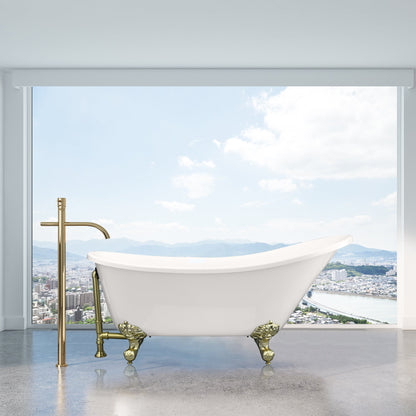 Fandi 64" x 28" Acrylic Clawfoot Soaking Bathtub in Glossy White with Brushed Brass Drain and Overflow