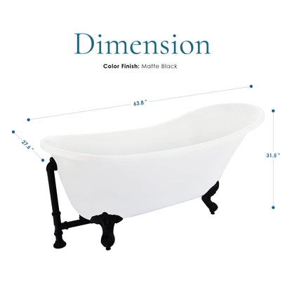 Fandi 64" x 28" Acrylic Clawfoot Soaking Bathtub in Glossy White with Matte Black Drain and Overflow