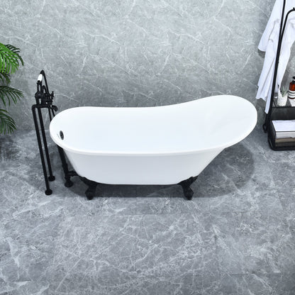 Fandi 64" x 28" Acrylic Clawfoot Soaking Bathtub in Glossy White with Matte Black Drain and Overflow