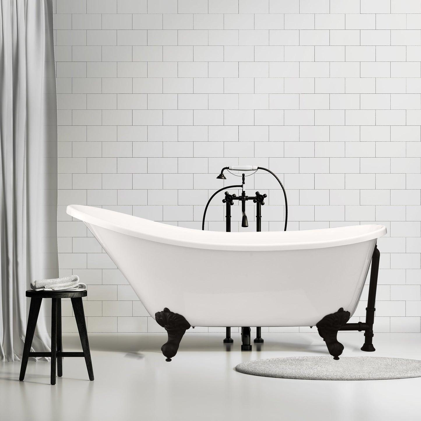 Fandi 64" x 28" Acrylic Clawfoot Soaking Bathtub in Glossy White with Matte Black Drain and Overflow