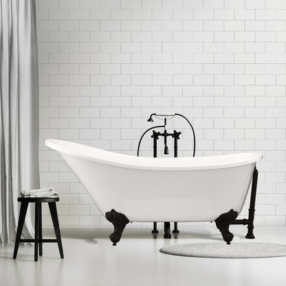 Fandi 64" x 28" Acrylic Clawfoot Soaking Bathtub in Glossy White with Matte Black Drain and Overflow