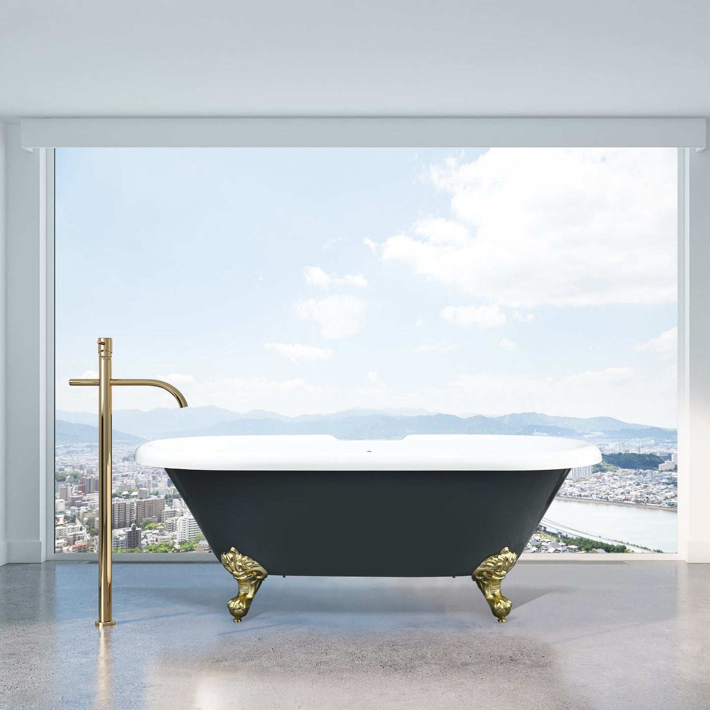 Kerta 67" x 29" Acrylic Clawfoot Soaking Bathtub in Glossy Gray with Brushed Brass Drain and Overflow