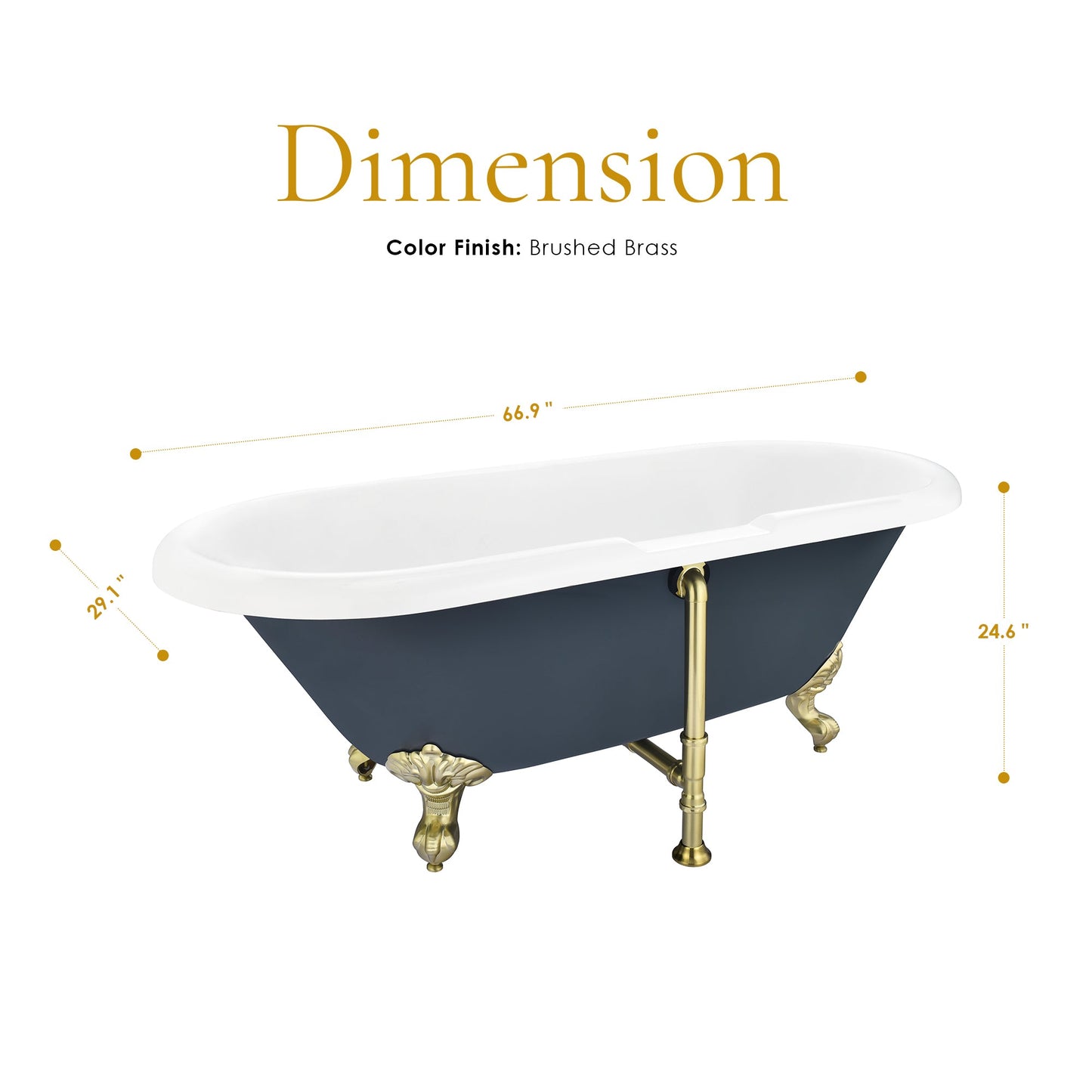 Kerta 67" x 29" Acrylic Clawfoot Soaking Bathtub in Glossy Gray with Brushed Brass Drain and Overflow