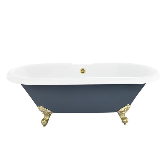 Kerta 67" x 29" Acrylic Clawfoot Soaking Bathtub in Glossy Gray with Brushed Brass Drain and Overflow