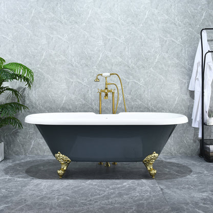 Kerta 67" x 29" Acrylic Clawfoot Soaking Bathtub in Glossy Gray with Brushed Brass Drain and Overflow