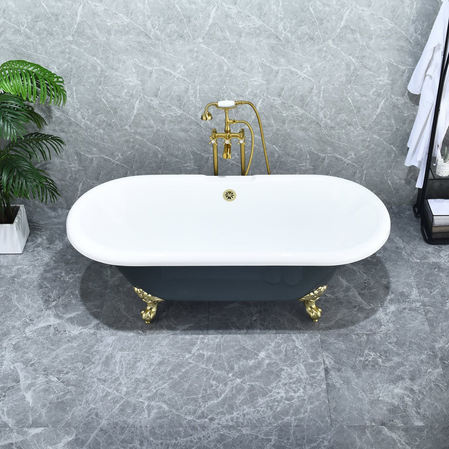 Kerta 67" x 29" Acrylic Clawfoot Soaking Bathtub in Glossy Gray with Brushed Brass Drain and Overflow