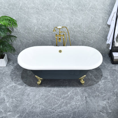 Kerta 67" x 29" Acrylic Clawfoot Soaking Bathtub in Glossy Gray with Brushed Brass Drain and Overflow