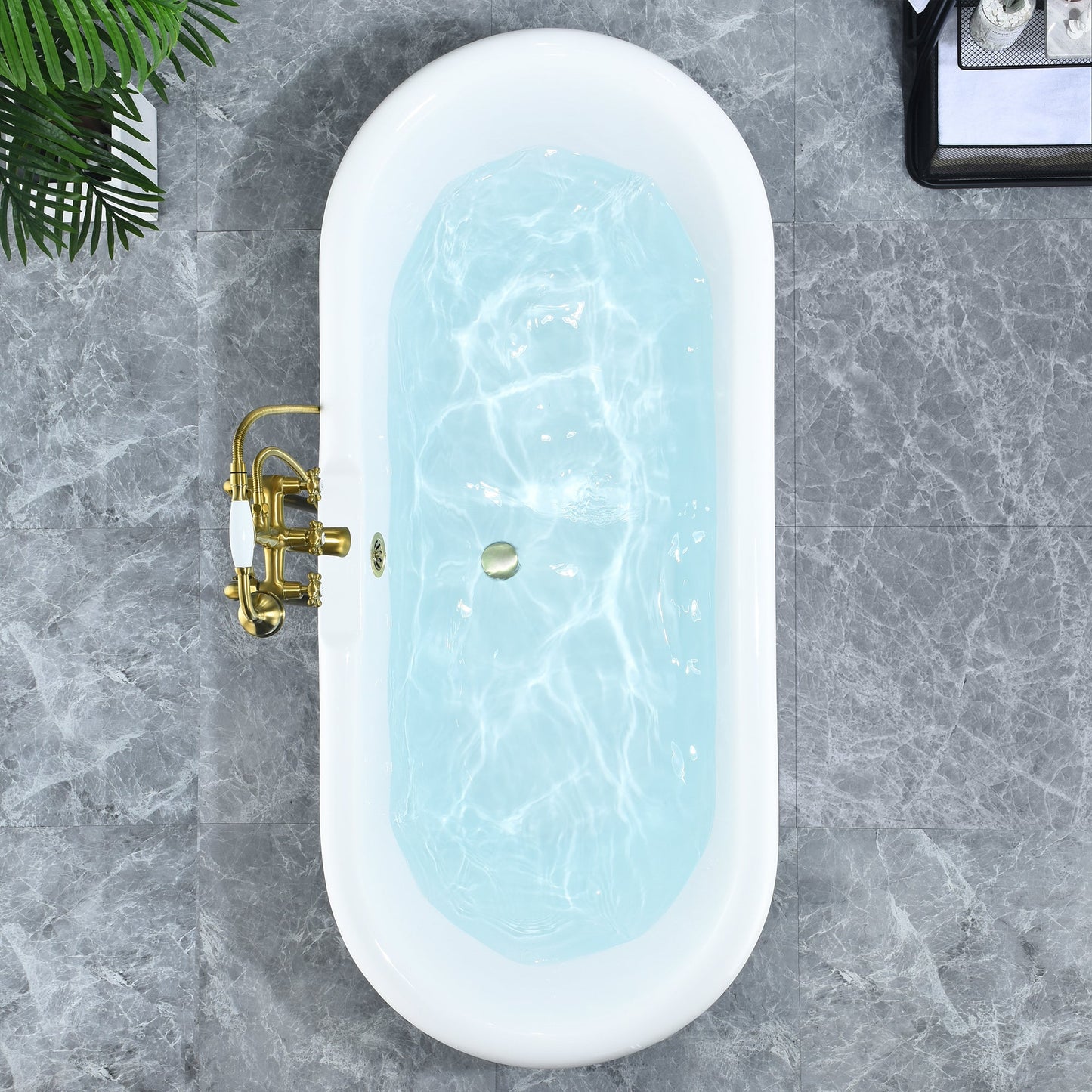 Kerta 67" x 29" Acrylic Clawfoot Soaking Bathtub in Glossy Gray with Brushed Brass Drain and Overflow