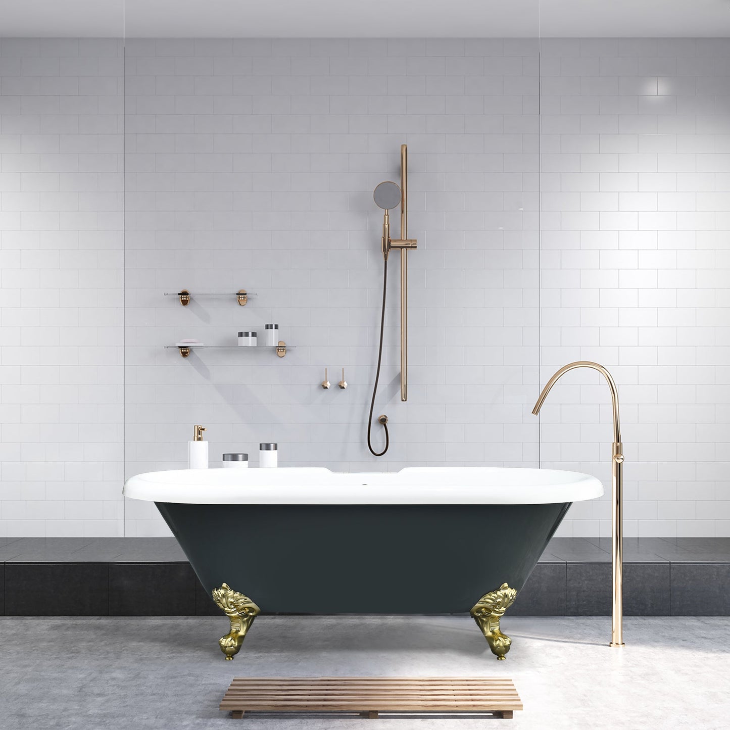 Kerta 67" x 29" Acrylic Clawfoot Soaking Bathtub in Glossy Gray with Brushed Brass Drain and Overflow