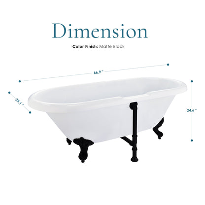 Kerta 67" x 29" Acrylic Clawfoot Soaking Bathtub in Glossy White with Matte Black Drain and Overflow