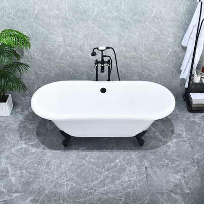 Kerta 67" x 29" Acrylic Clawfoot Soaking Bathtub in Glossy White with Matte Black Drain and Overflow
