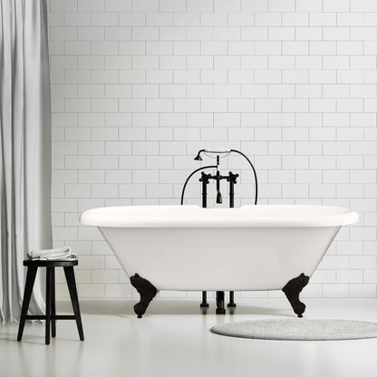 Kerta 67" x 29" Acrylic Clawfoot Soaking Bathtub in Glossy White with Matte Black Drain and Overflow