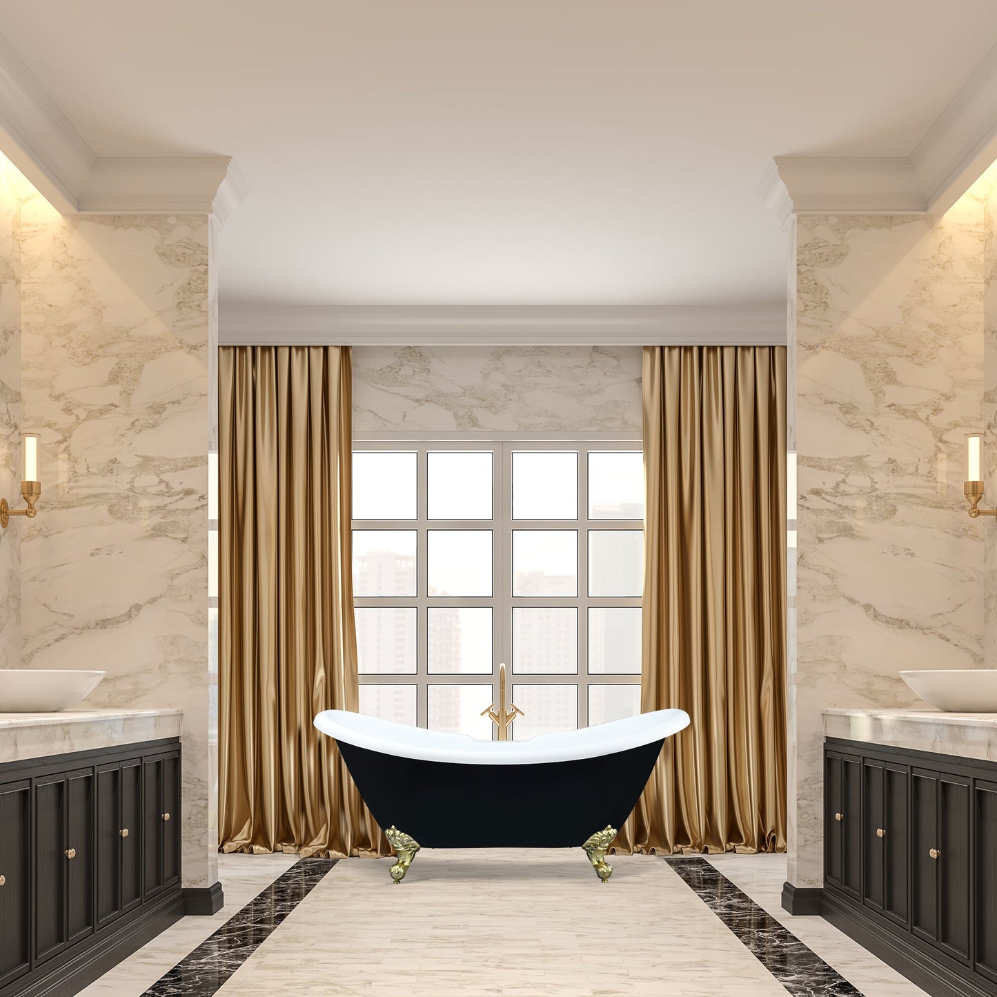 Porva 69" x 29" Acrylic Clawfoot Soaking Bathtub in Glossy Black with Brushed Brass Drain and Overflow