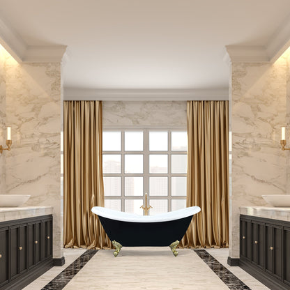 Porva 69" x 29" Acrylic Clawfoot Soaking Bathtub in Glossy Black with Brushed Brass Drain and Overflow