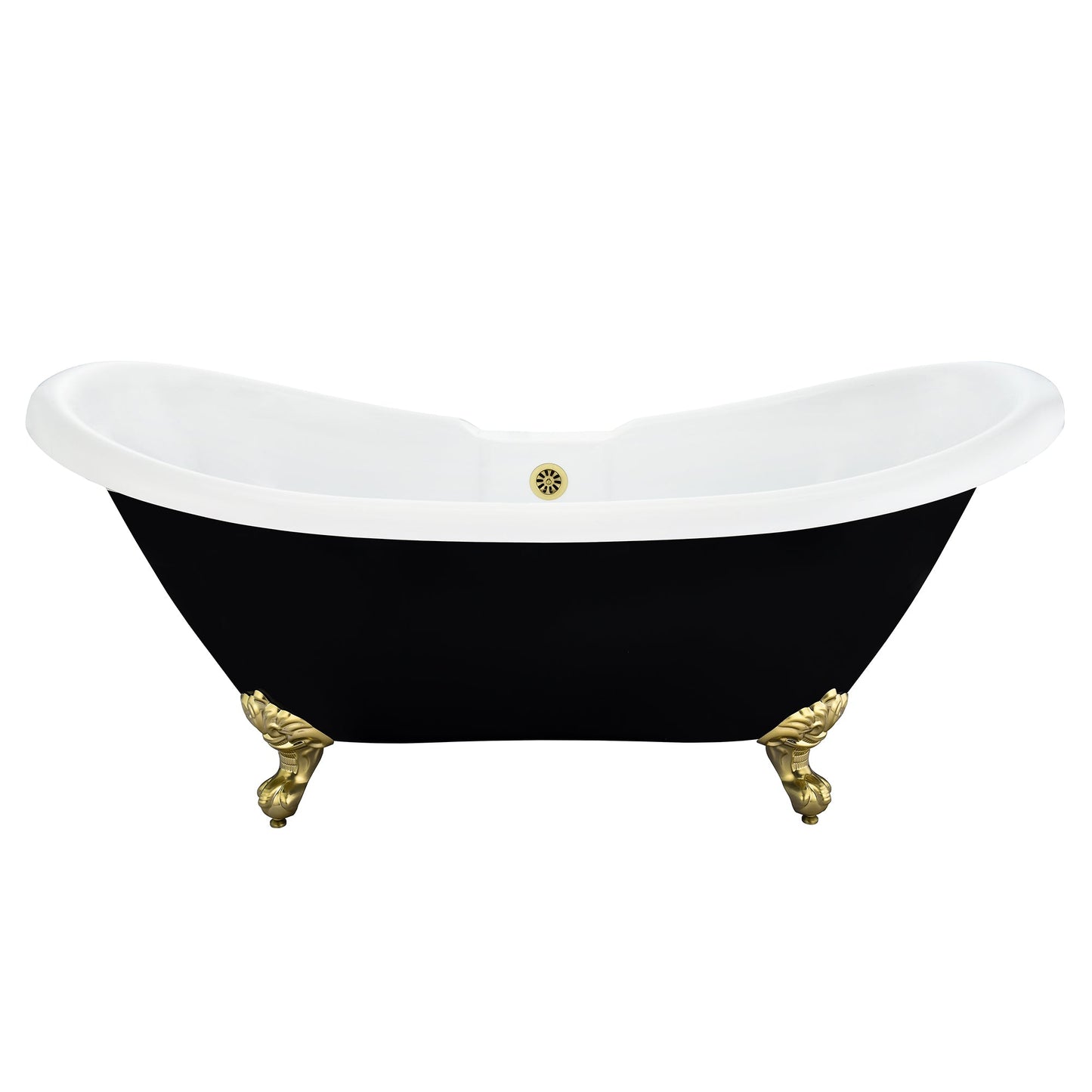 Porva 69" x 29" Acrylic Clawfoot Soaking Bathtub in Glossy Black with Brushed Brass Drain and Overflow