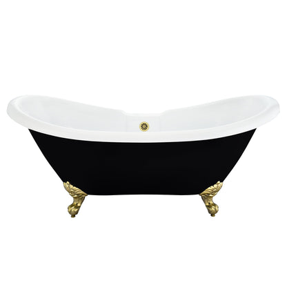 Porva 69" x 29" Acrylic Clawfoot Soaking Bathtub in Glossy Black with Brushed Brass Drain and Overflow