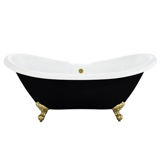 Porva 69" x 29" Acrylic Clawfoot Soaking Bathtub in Glossy Black with Brushed Brass Drain and Overflow