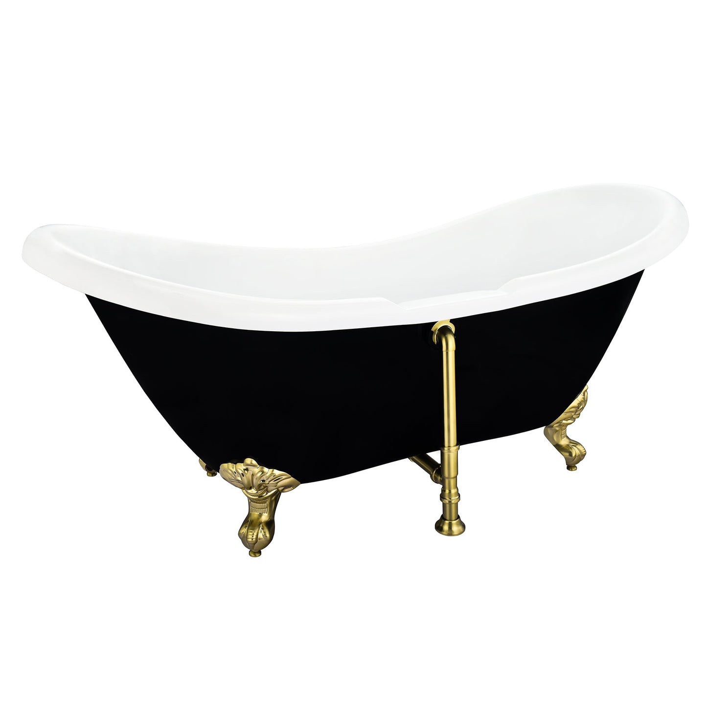 Porva 69" x 29" Acrylic Clawfoot Soaking Bathtub in Glossy Black with Brushed Brass Drain and Overflow