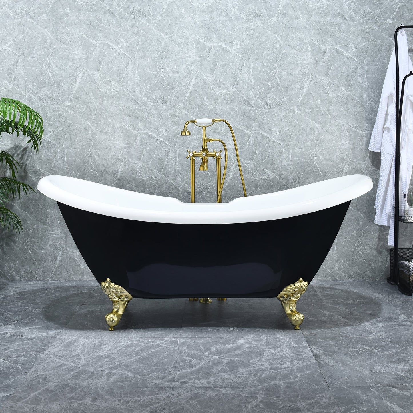 Porva 69" x 29" Acrylic Clawfoot Soaking Bathtub in Glossy Black with Brushed Brass Drain and Overflow