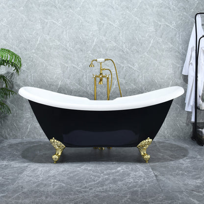 Porva 69" x 29" Acrylic Clawfoot Soaking Bathtub in Glossy Black with Brushed Brass Drain and Overflow