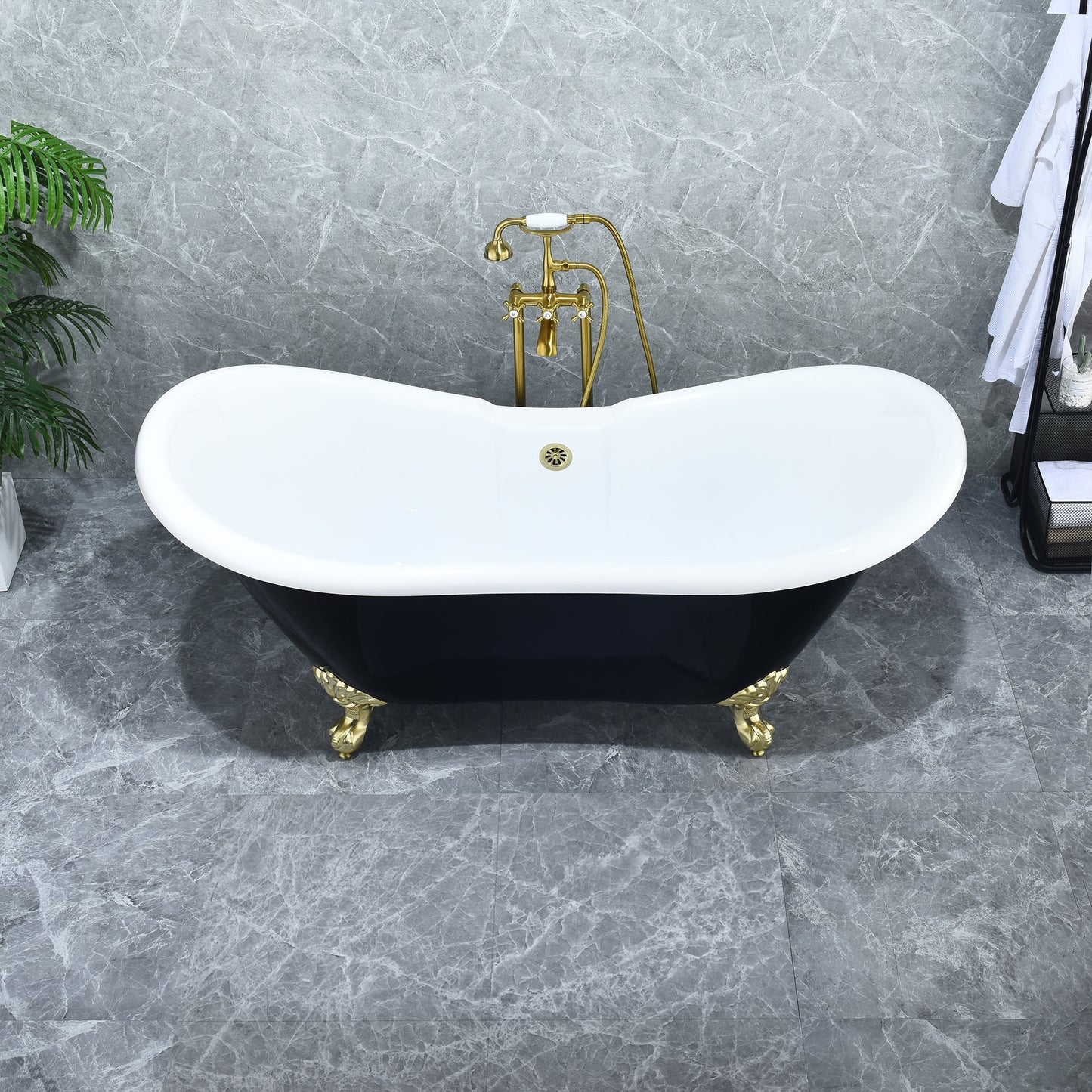 Porva 69" x 29" Acrylic Clawfoot Soaking Bathtub in Glossy Black with Brushed Brass Drain and Overflow