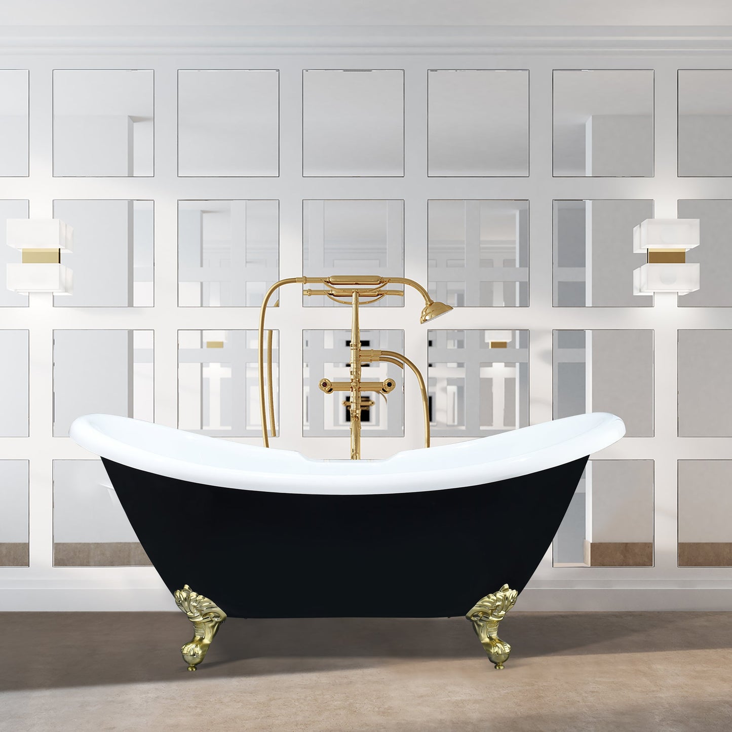 Porva 69" x 29" Acrylic Clawfoot Soaking Bathtub in Glossy Black with Brushed Brass Drain and Overflow